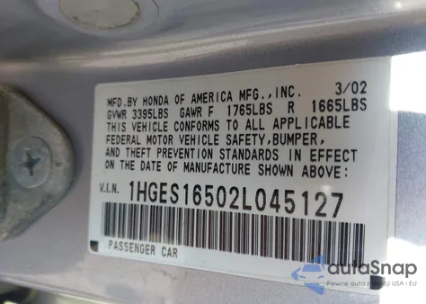 2002 Honda Civic Lx from USA, damaged, VIN 1HGES16502L045127